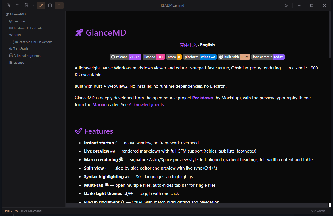 GlanceMD dark theme rendering a Markdown document with gradient headings and outline sidebar