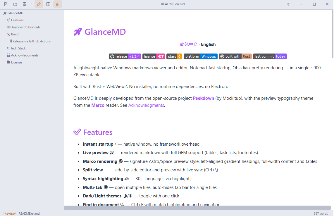 GlanceMD light theme window with gradient headings, full-width layout, and outline sidebar